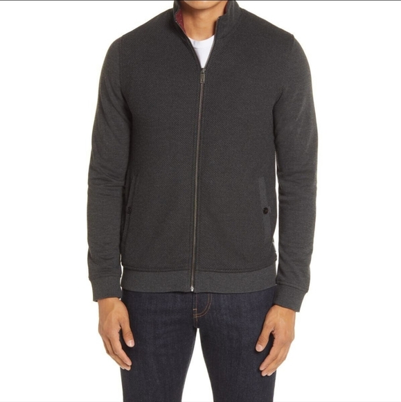 Ted Baker London Sweater Jacket Mens 3/M Gray Full Zip Mock Neck Cotton Blend